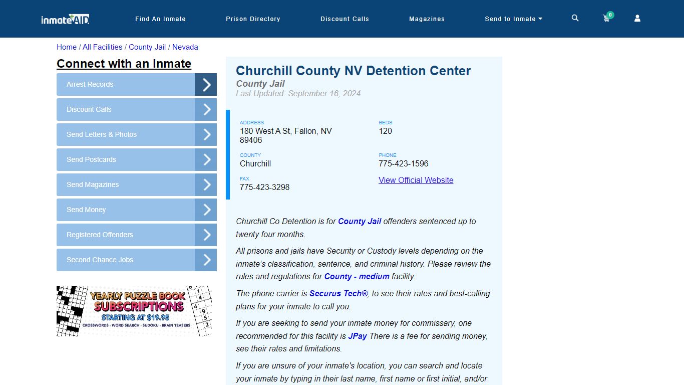 Churchill County NV Detention Center - Inmate Locator